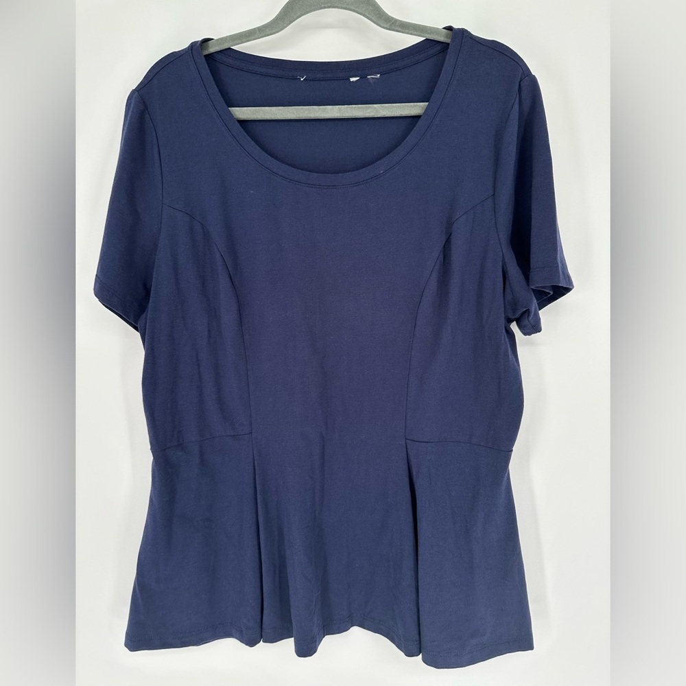 Isaac Mizrahi Live Navy Peplum Top Short Sleeve Stretch Knit L QVC